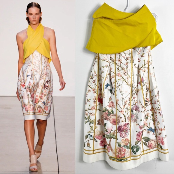 Thakoon Runway Birdcage Print Silk Duchesse Halter Dress Size 2 Yellow Multi - Picture 2 of 11
